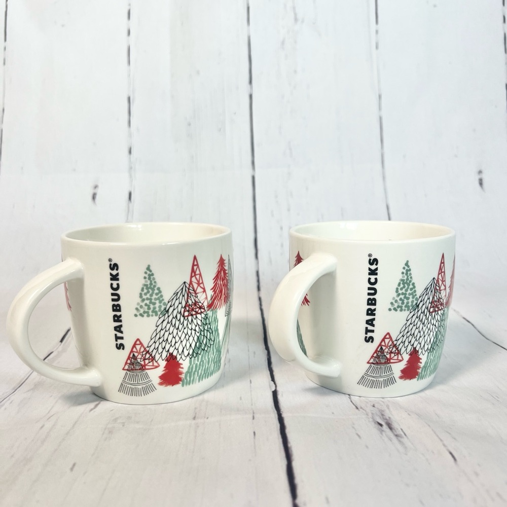 Starbucks Holiday Christmas Tree Coffee Mugs Set of 2 | 14 oz White Ceramic Cups